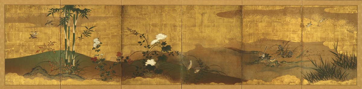 Ptaki i sezonowe kwiaty na złotym tle, szkoła Kanō, ok. 1730, parawan sześcioskrzydłowy z kolekcji J.A.N. Fine Art, London (źródło: materiały prasowe organizatora)