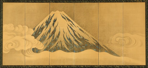 Ośnieżona góra Fuji wśród chmur, szkoła Rimpa, ok. 1800, parawan sześcioskrzydłowy z kolekcji J.A.N. Fine Art, London (źródło: materiały prasowe organizatora)