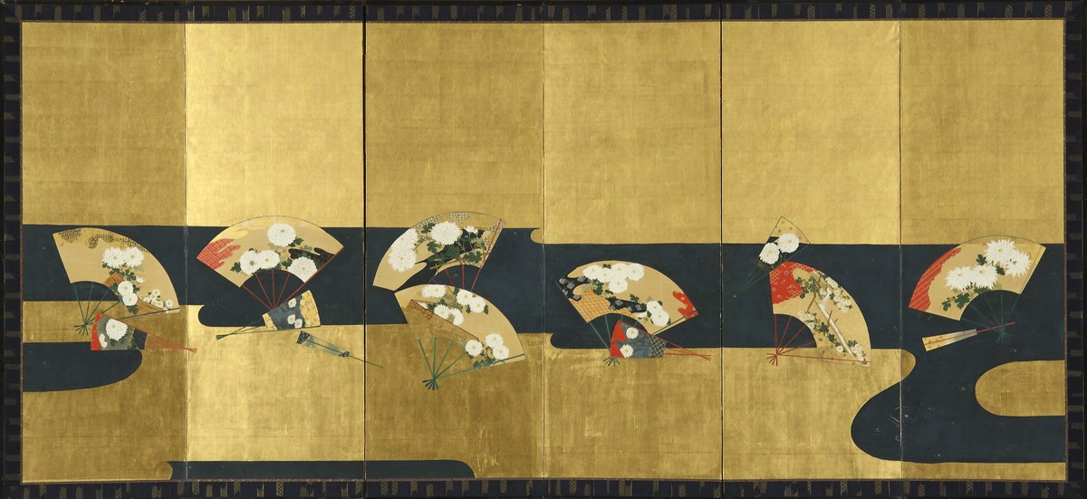 Wachlarze na wstędze stylizowanej rzeki i złotym tle, szkoła Rimpa, ok. 1800, parawan sześcioskrzydłowy z kolekcji J.A.N. Fine Art, London (źródło: materiały prasowe organizatora)