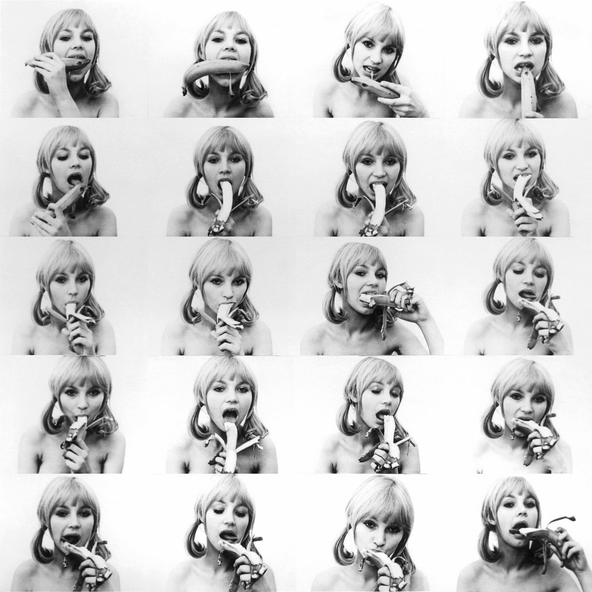 Natalia LL, „Sztuka konsumpcyjna”, fotografia analogowa, czarno-biała, 20 fotografii, 250x240 cm, 1972, z kolekcji Zachęty (źródło: materiały prasowe organizatora)
