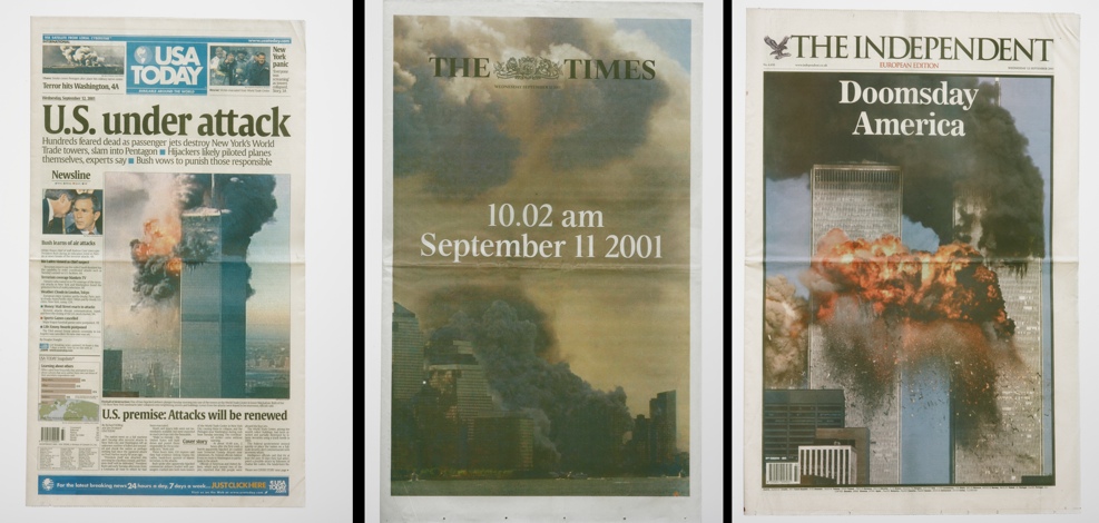 Hans-Peter Feldmann, „9/11 Frontpage”, 2001.151 framed newspapers, 64 x 46,5 cm each. Courtesy: Collezione Sandretto Re Rebaudengo, Torino (źródło: materiały prasowe organizatora)