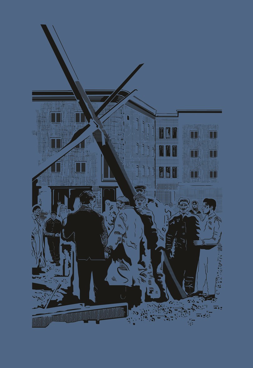 Ludzie podtrzymujący krzyż na os. Teatralnym, 27 kwietnia 1960, rys. Piotr Urbanek na podstawie fotografii z archiwum krakowskiego oddziału IPN (źródło: mat. prasowe)