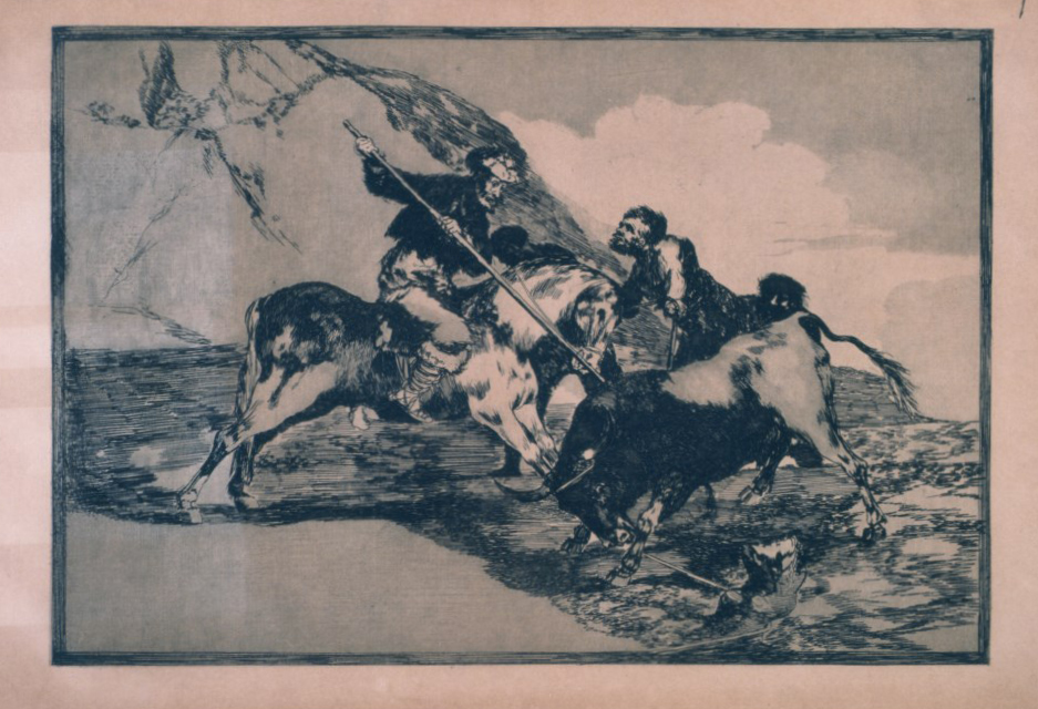 Francisco de Goya, „Sposób, w jaki starożytni Hiszpanie polowali konno na byki w otwartym polu“, 1814-1816, z cyklu: „Tauromachia“, akwaforta, akwatinta i sucha igła,29,9 x 40,7 cm, edycja: 1937, kolekcja Art Camù, Sardynia (źródło: materiały prasowe organizatora)