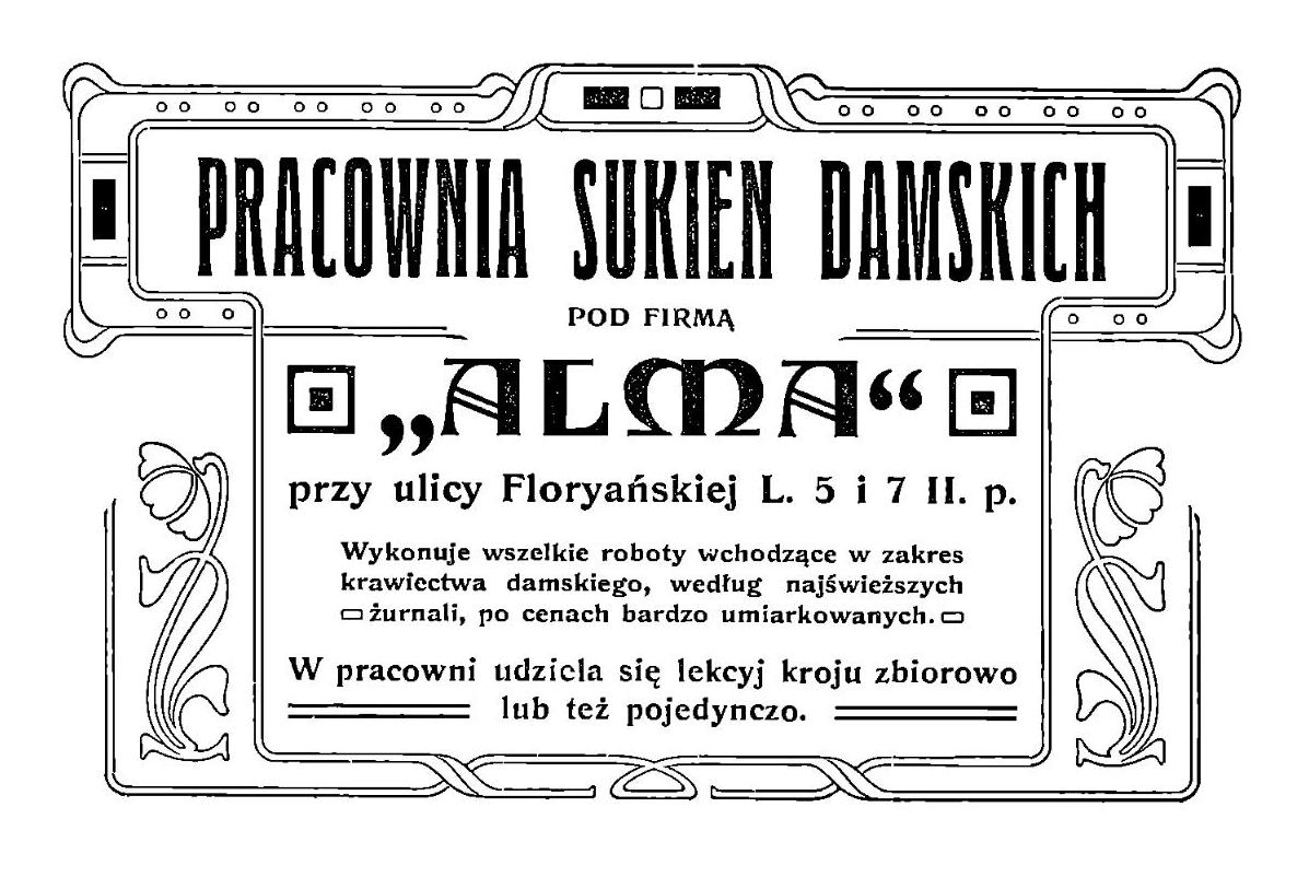 Reklama Pracowni Sukien Damskich „Alma”, 1901 r. (źródło: materiały prasowe MHK)