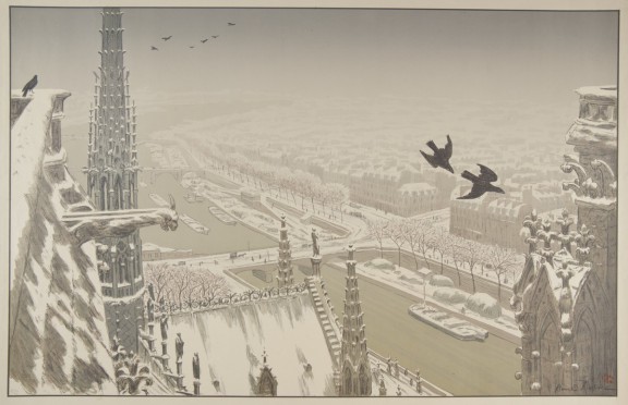 Henri Rivière, „Du haut des tours de Notre-Dame” / „Z szczytu wież Notre-Dame”, 1900, z serii: „Paysages parisiens”, Paris 1900, litografia barwna kredką i pędzlem, w zbiorach Muzeum Narodowego w Krakowie, fot. Pracownia Fotograficzna MNK (źródło: materiały prasowe organizatora)