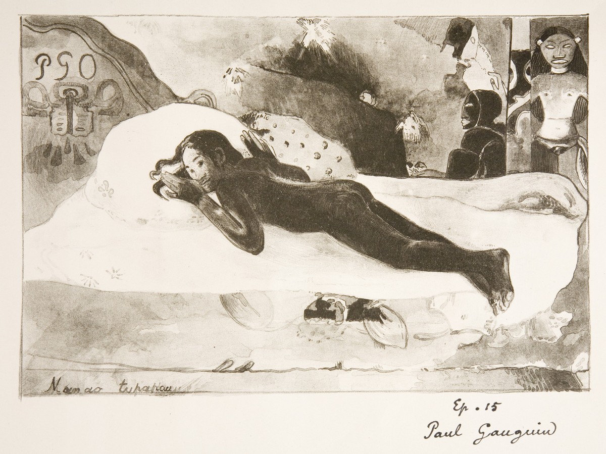 Paul Gauguin, „Manao Tupapau (Elle pense au revenant – L'esprit des morts veille)” / „Manao Tupapau (Ona myśli o duchu – Duch zmarłych czuwa)”, Paryż 1894, z: „L’Estampe oryginale”, Album VI, Paris 1894, litografia pędzlem, piórem, kredką, drapania, papier welinowy; w zbiorach Muzeum Narodowego w Krakowie, fot. Pracownia Fotograficzna MNK (źródło: materiały prasowe organizatora)