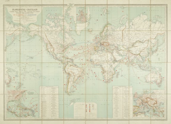 Anatole Châtelain, Planisphère, Paris, 1884 – mapa świata z połączeniami morskimi, drogami kolejowymi i wodnymi oraz liniami telegraficznymi, fot. MNK (źródło: materiały prasowe organizatora)