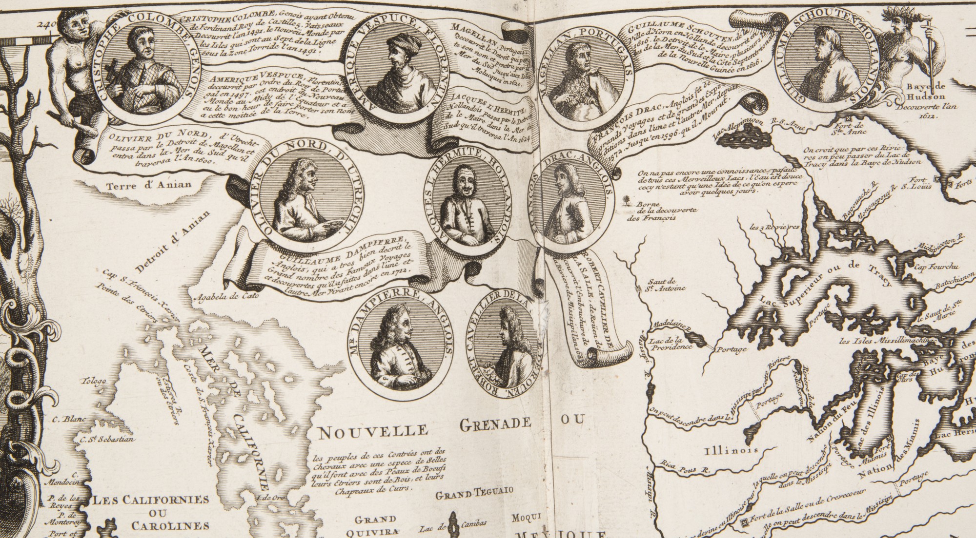 H.A. Chatelain, Atlas Historique…, t. IV., Amsterdam, 1732 – fragment mapy obu Ameryk, z wizerunkami odkrywców, fot. MNK (źródło: materiały prasowe organizatora)