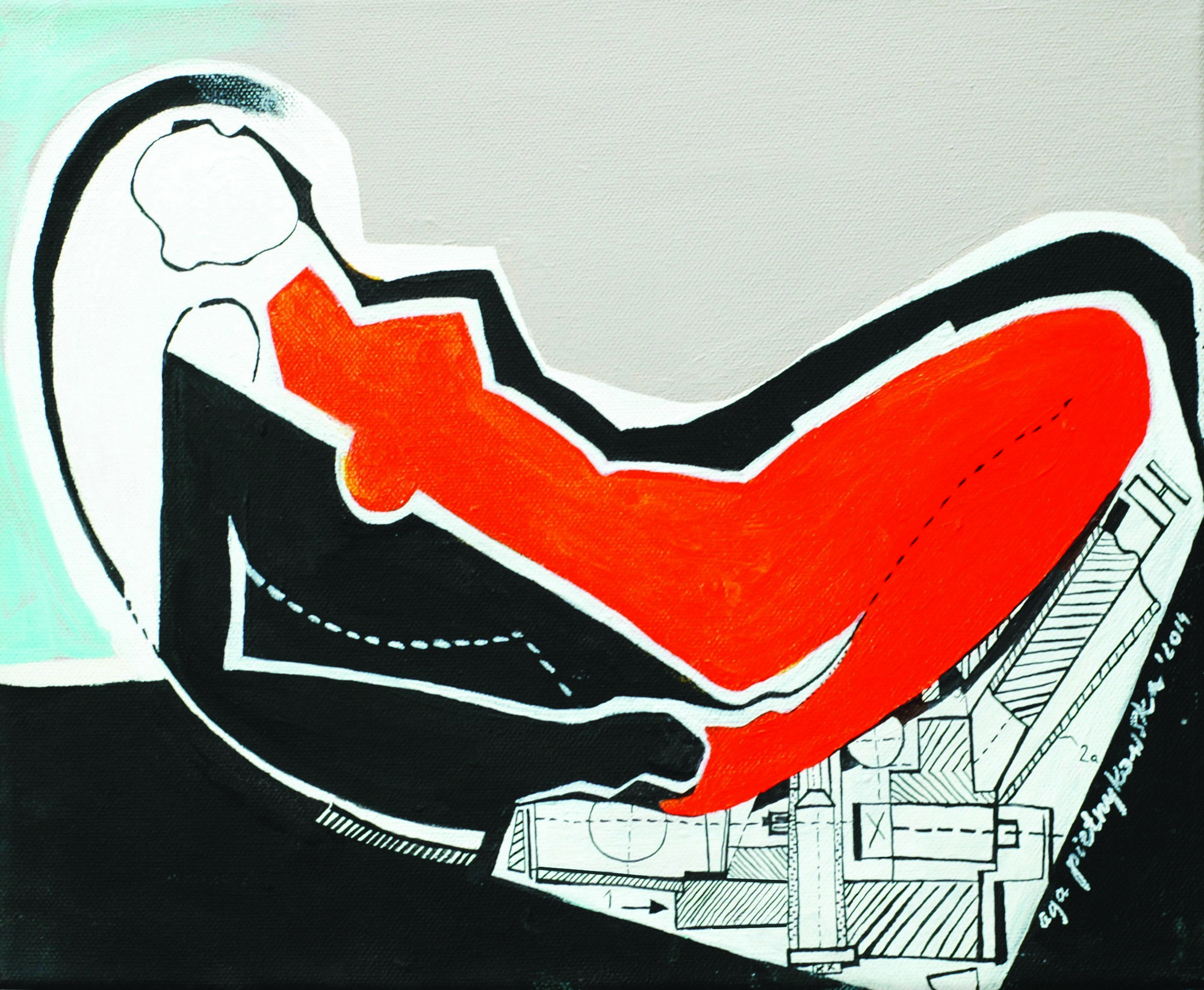 Agnieszka Pietrzykowska, „Mechaniczna pomarańcza”, 2014, akryl, olej, tusz, płótno, 35x28 cm (źródło: materiały prasowe)
