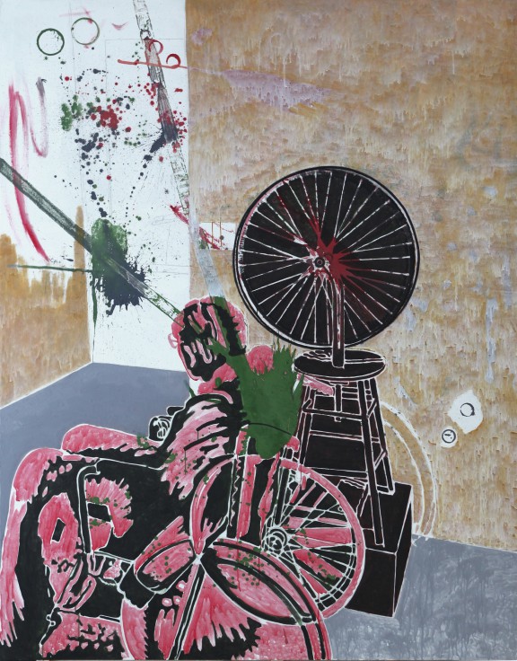 Marek Sobczyk, „Co? Marcel Duchamp; Czym? Duchem w muzeum (Koło rowerowe 1913–2013)”, 2015, 230x180cm, tempera jajkowa / płótno (źródło: materiały prasowe organizatora)