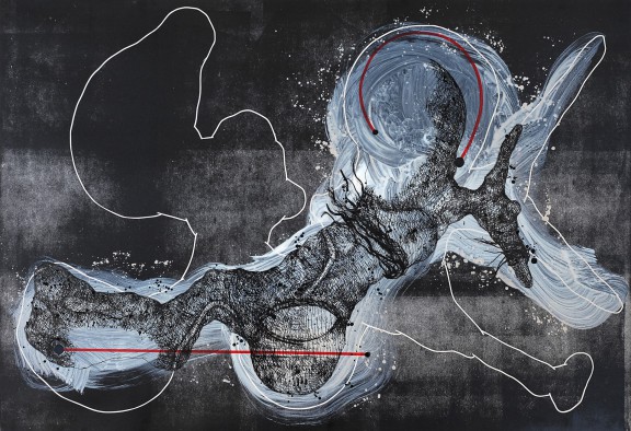 Piotr Pasiewicz, „Kinetic Matter V”, 2014, 70x100 cm, technika własna na papierze (źródło: materiały prasowe organizatora)