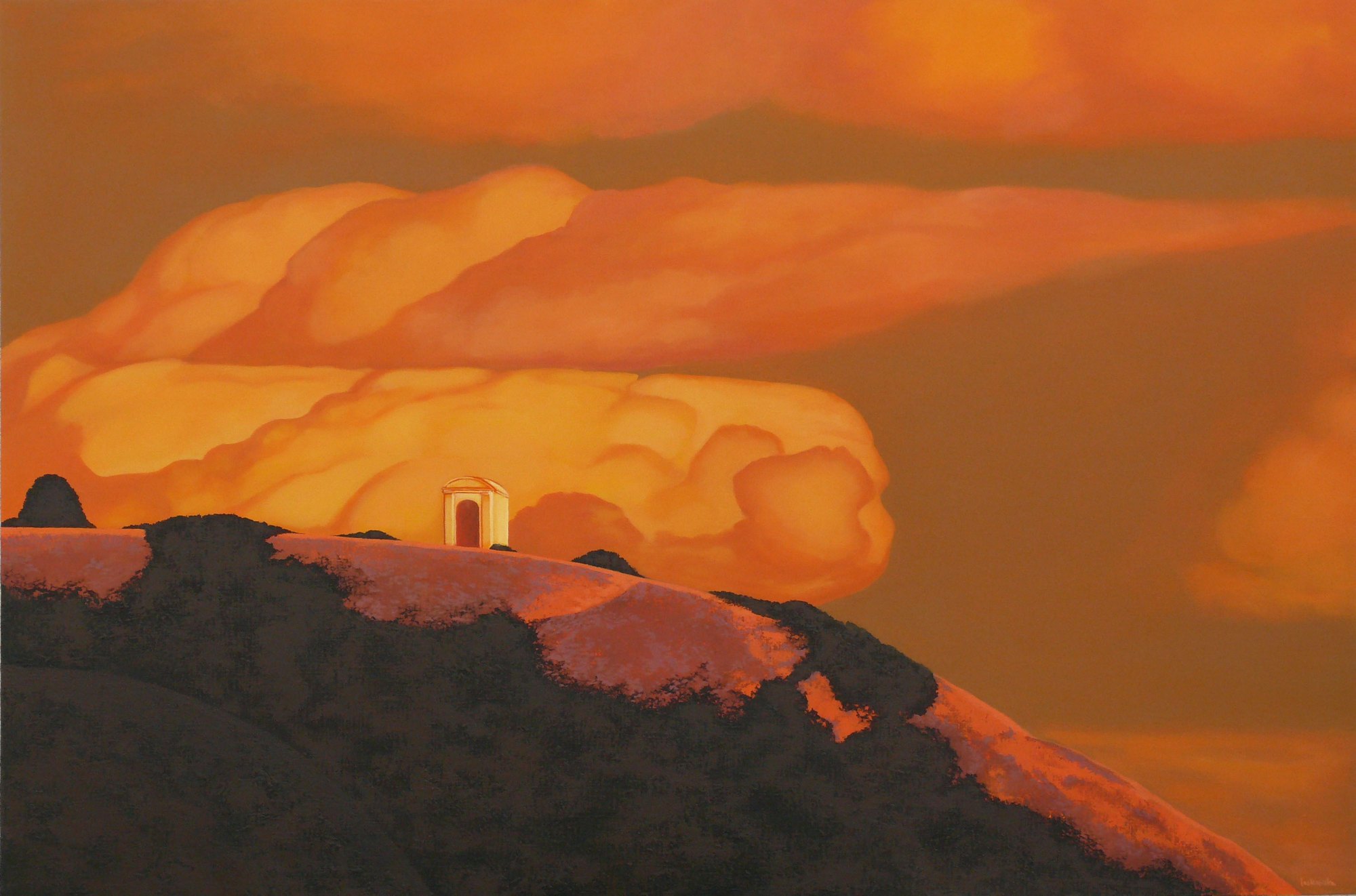 Magdalena Laskowska, „Kapliczka w górach (oliwkowa zieleń, oranż, czerń)”, 2013, 100x150 cm, alkid (źródło: materiały prasowe)
