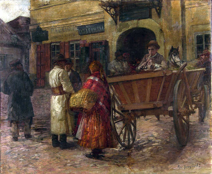 Scena rodzajowa przed karczmą na starym Kleparzu, Zygmunt Papieski (1852 - 1938) Kraków, ok. 1900, (sygn. „Zyg. Papieski”)