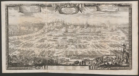 Widok Krakowa podczas oblężenia przez Szwedów w 1655 r., "CRACOVIA Sedes Regia obsessa (...) Anno 1655" , rys. Erik Jönson Dahlbergh (1625-1703), ryt. Willem Swidde (1660-1697), Norymberga, 1696