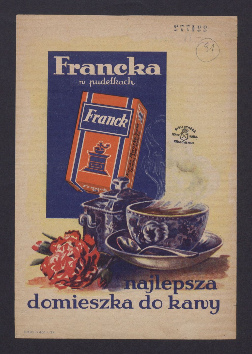 Ulotka Fabryki Surogatów Kawowych „Henryk Franck i Synowie” ze Skawiny, okres międzywojenny, wł. Biblioteki Jagiellońskiej w Krakowie (źródło: materiały prasowe organizatora)