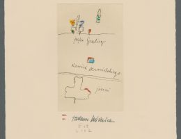 Tadeusz Różewicz, Eugeniusz Get Stankiewicz, „Jajka Gaudiego, Kamień Nowosielskiego, jesień”, z cyklu „Zabawy przyjemne i pożyteczne”, flamaster (czarny), szkło, drut, 2001–2003 (źródło: materiały prasowe organizatora)