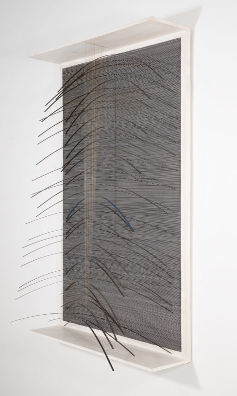 Jesus Rafael Soto, „Curve bleu”, 1965, akryl, dreno, metal, nylon, 158,4 x 105,7 cm, dzieki uprzejmosci fundacji Signum (źródło: materiały prasowe organizatora)