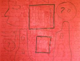 Grzegorz Wróblewski, „Asemic writing. Red”, akryl, tusz na płótnie, 120x100 cm (źródło: materiały prasowe organizatora)