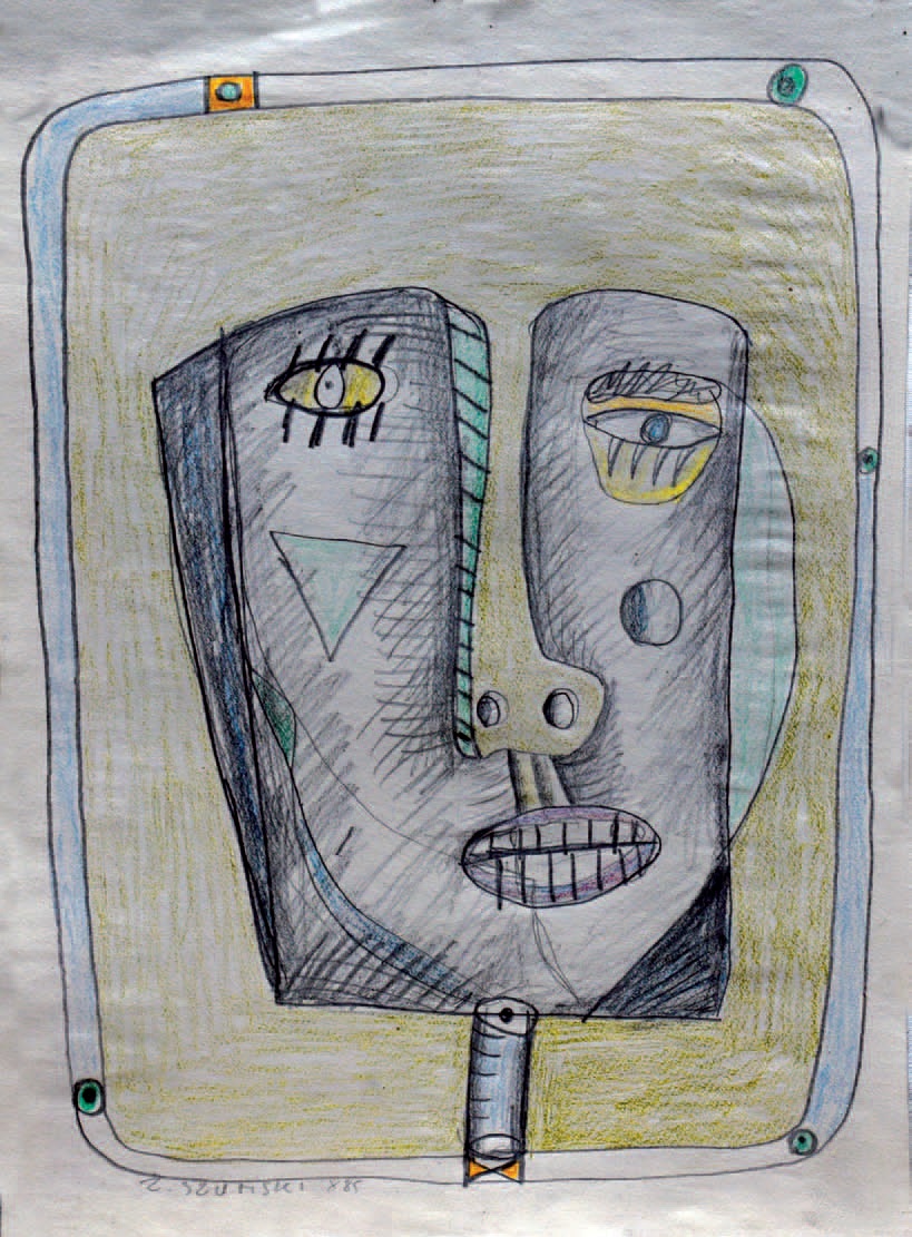 Zbigniew Szumski, cykl „Twarzowe fryzury”, 1985, papier, kredki, 42×30 cm (źródło: materiały prasowe organizatora)