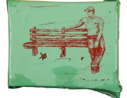 Sebastian Krok, „Amor”, 2016, tempera, akryl, alkid, lakier do podłóg na pościeli nabitej na krosno, 23x30 cm (źrodło: materiały prasowe organizatora)