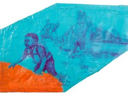 Sebastian Krok, „Welcome”, 2017, tempera, akryl, lakier do podłóg na pościeli nabitej na krosno, 88x132 cm (źrodło: materiały prasowe organizatora)