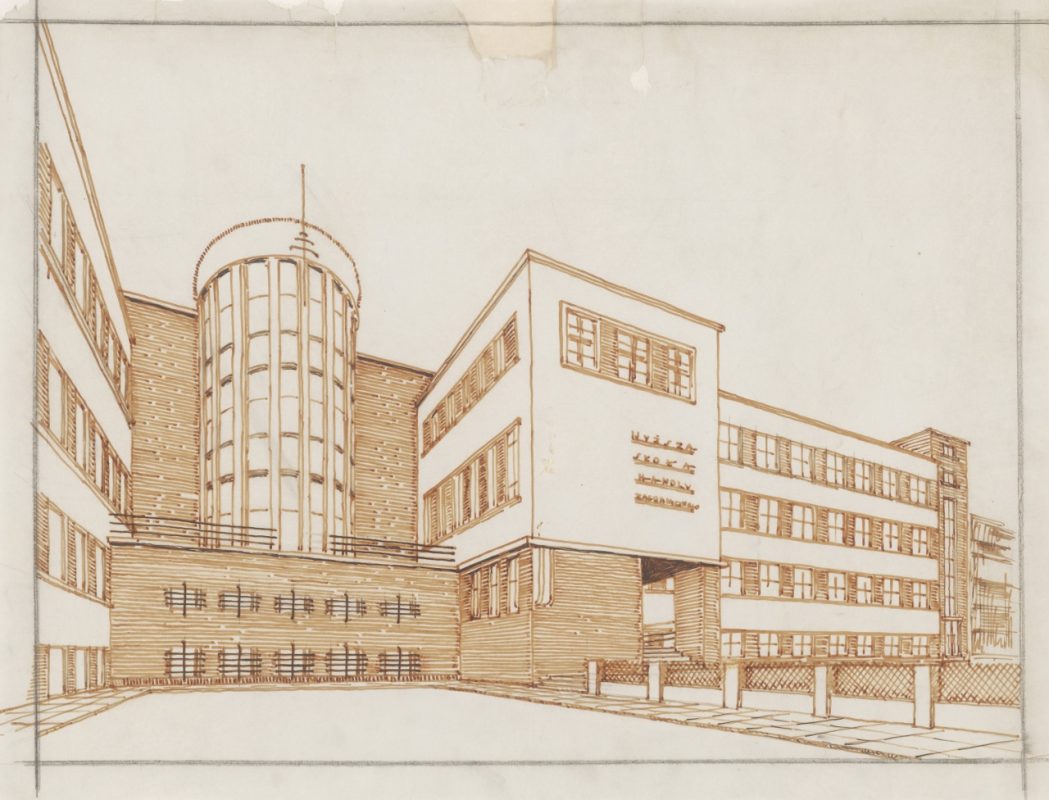 Wawrzyniec Dayczak, projekt Wyższej Szkoły Handlu Zagranicznego przy ul. Sakramentek, widok perspektywiczny, 1934–1938, flamaster i tusz na kalce technicznej, 40,5 x 53,5 cm, ze Zbiorów Specjalnych Biblioteki Naukowej PAU i PAN w Krakowie (źródło: materiały prasowe organizatora)