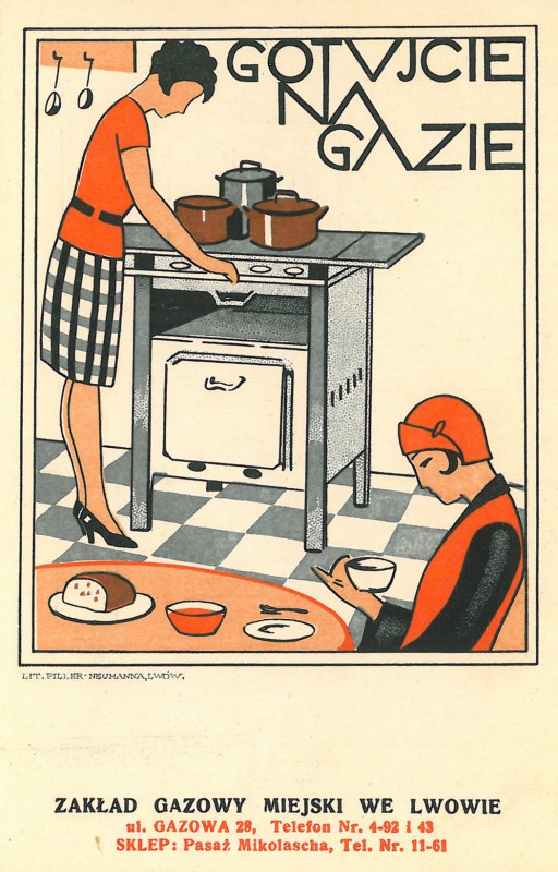 „Gotujcie na gazie”, lata 30. XX wieku, pocztówka, Zakłady Graficzne Pillera-Neumanna, Lwów, kolekcja Aleksandra Korobowa (źródło: materiały prasowe organizatora)