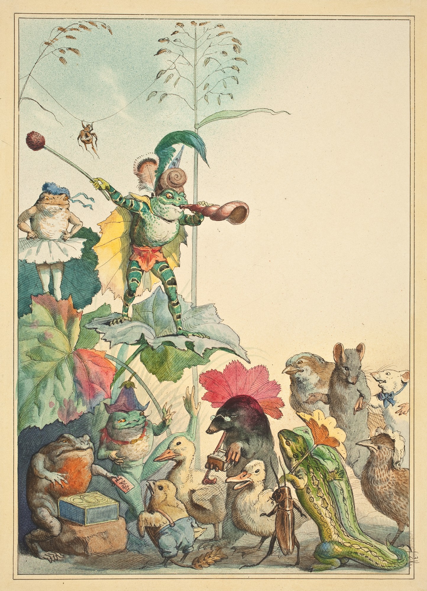 Fedor Flinzer, „Teatr żab” – projekt ilustracji do książki dla dzieci napisanej przez Juliusa Lohmeyera, 1880, rysunek (akwarela, tusz), Muzeum Narodowe we Wrocławiu (źródło: materiały prasowe organizatora)