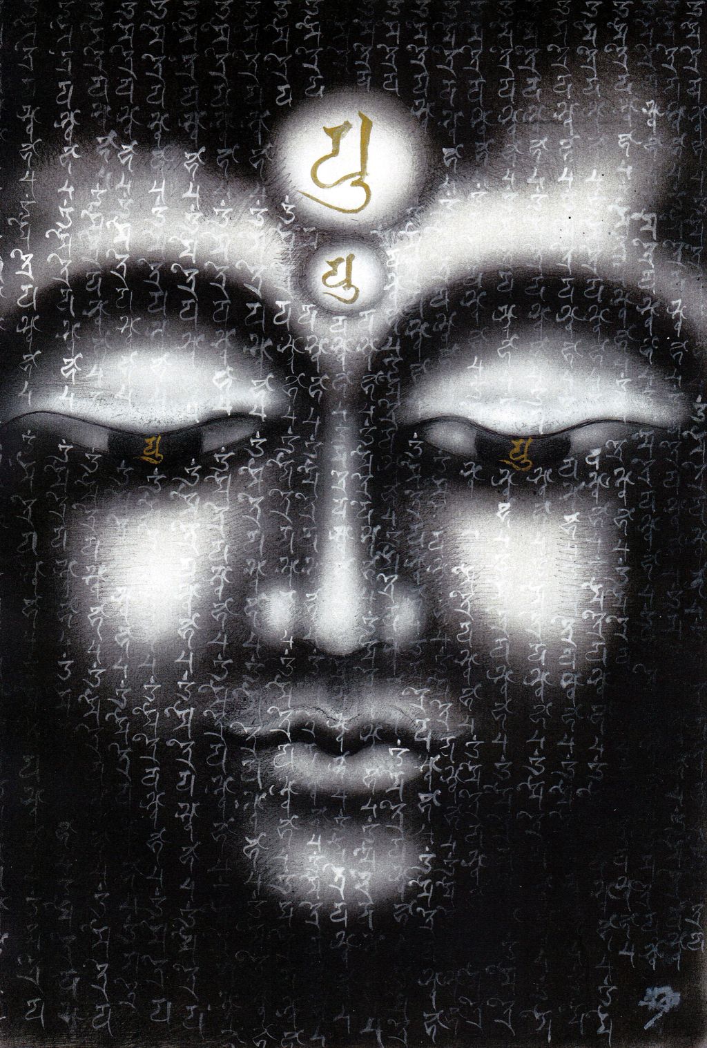 Ewa Hadydoń, „Miroku Bodhisattwa”, sanskrypt Maitreya Bodhisattva, 38,7 x 26,6 cm, airbrush, długopis, biały i złoty tusz (źródło: materiały prasowe organizatora)