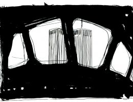 Cyprian Kościelniak, Bez tytułu (11.09.2001 – wieże World Trade Center widziane z kabiny pilota samolotu), 2001, papier, ołówek, tusz, 20,5 × 29,5 cm (źródło: materiały prasowe organizatora)
