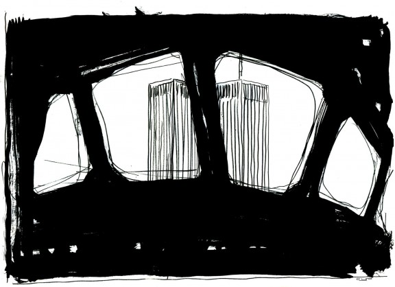 Cyprian Kościelniak, Bez tytułu (11.09.2001 – wieże World Trade Center widziane z kabiny pilota samolotu), 2001, papier, ołówek, tusz, 20,5 × 29,5 cm (źródło: materiały prasowe organizatora)