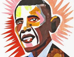 Cyprian Kościelniak, „Barack Obama”, papier, kolaż, farby akrylowe, 30 × 21 cm (źródło: materiały prasowe organizatora)
