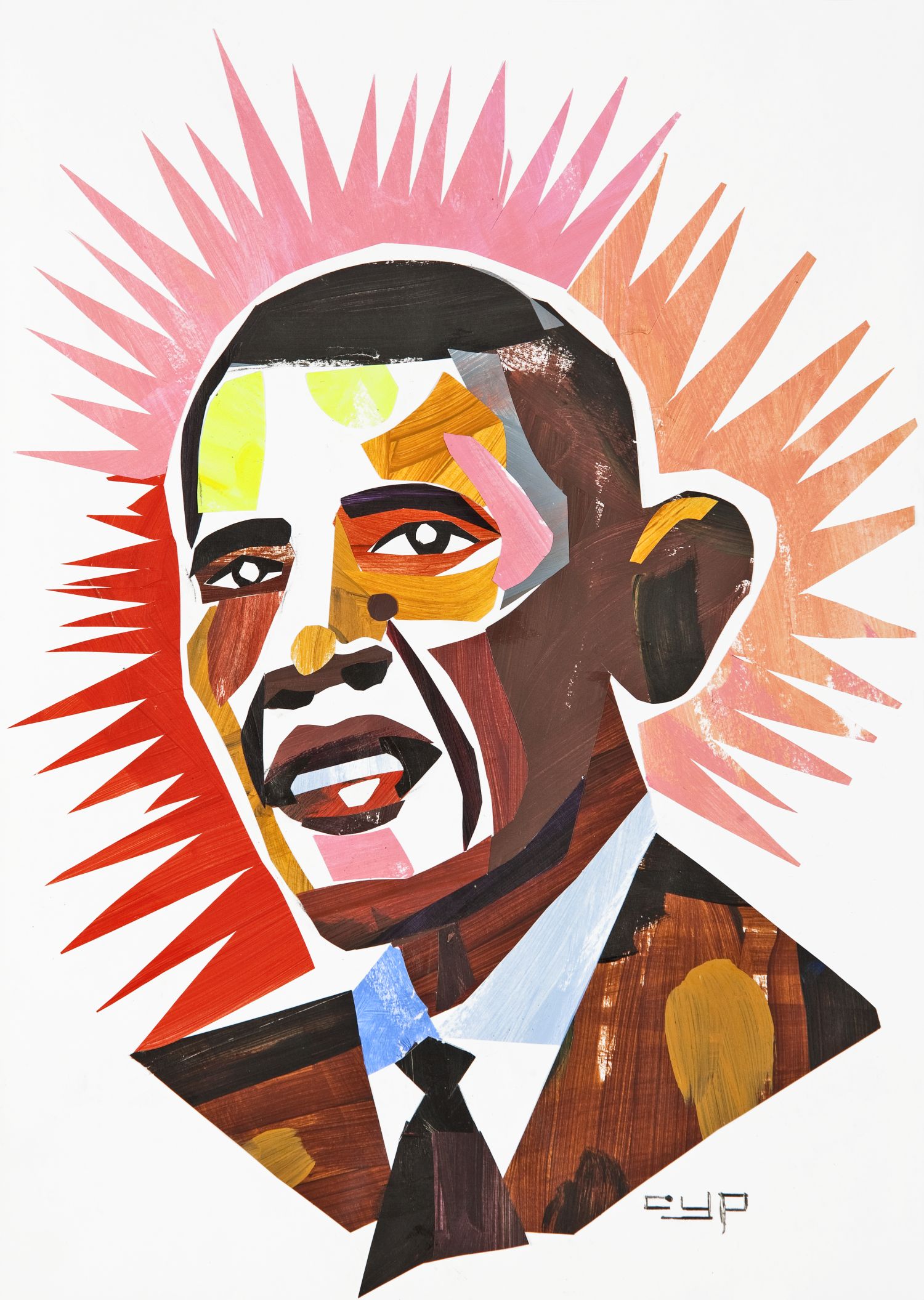 Cyprian Kościelniak, „Barack Obama”, papier, kolaż, farby akrylowe, 30 × 21 cm (źródło: materiały prasowe organizatora)