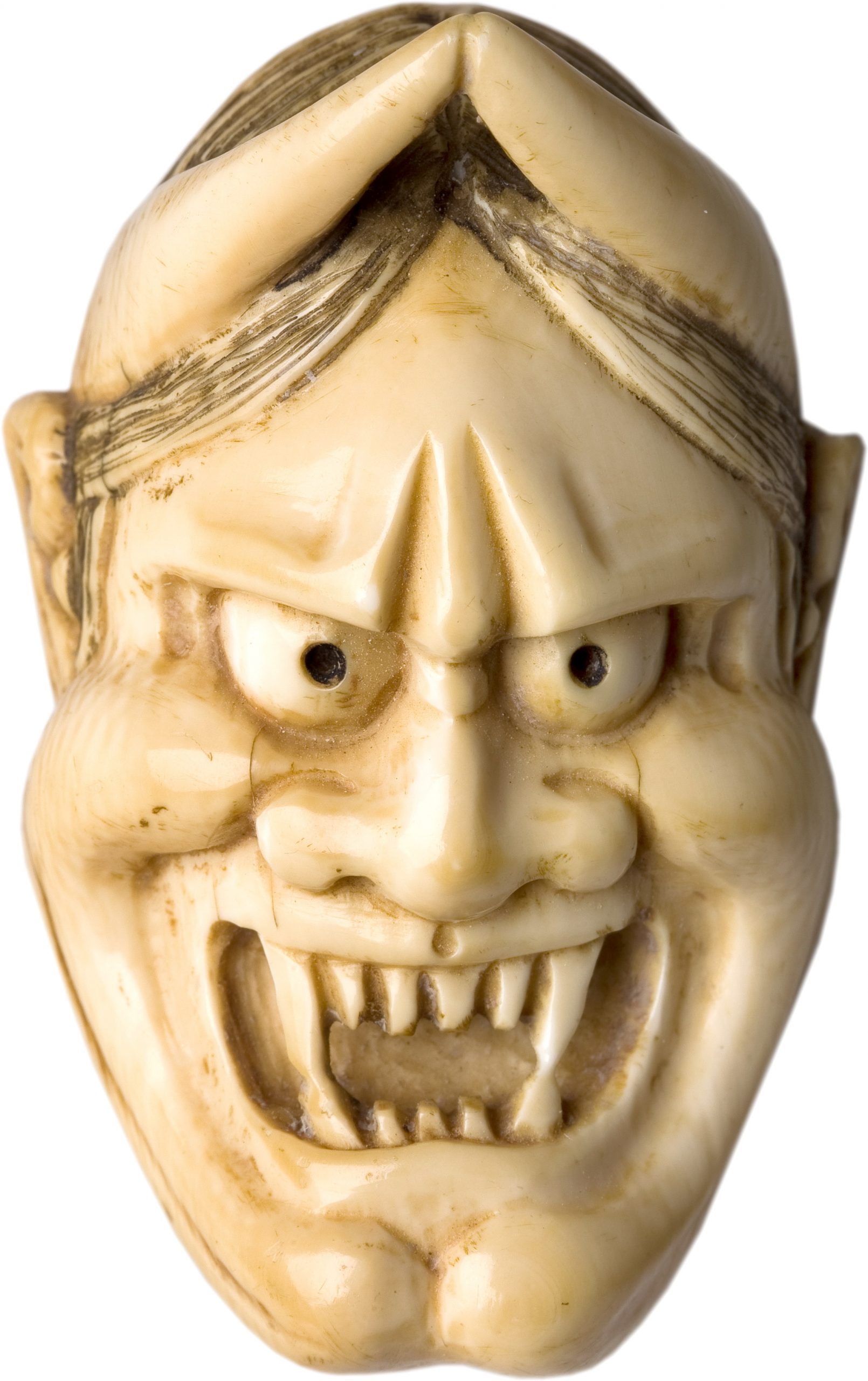 „Maska demona Hannui”, Japonia, XIX w.; netsuke rzeźbione w kości słoniowej (źródło: materiały prasowe organizatora)
