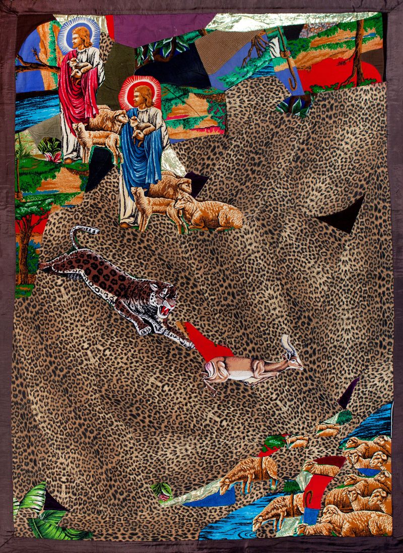 Gülsün Karamustafa, „Podwójny Jezus i młoda antylopa”, 1984, kolaż z tkanin dekoracyjnych (źródło: materiały prasowe organizatora)
