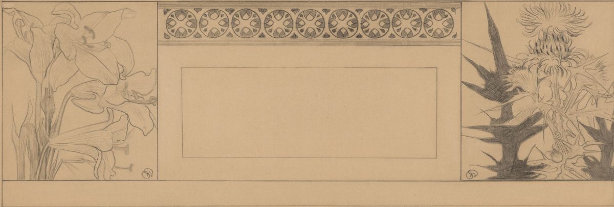 Stanisław Wyspiański, Lilie i osty. Projekt główki okładki anonsowej czasopisma „Życie”, 1897. Kredka, ołówek, papier; 22,5 x 54,3 cm