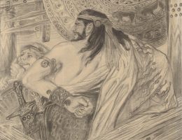 Stanisław Wyspiański, Dwaj Atrydzi (Agamemnon powstaje na Achillesa i Menelaos). Rysunek do „Iliady” Homera, 1896. Kredka, papier; 24,6 cm × 28,3 cm